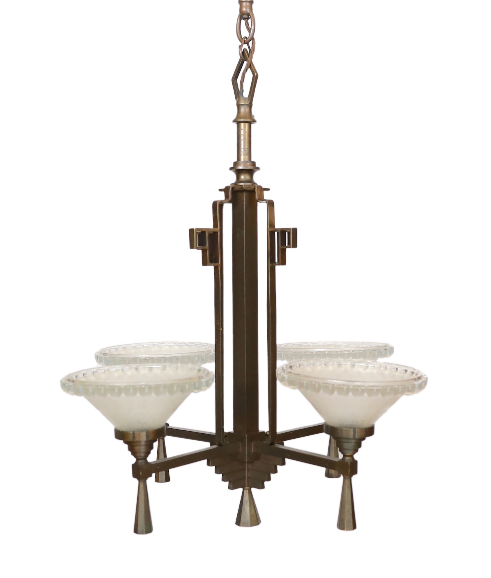 An Art Deco bronze and glass light fitting with four beaded frosted shades. height 81cm. width 54cm